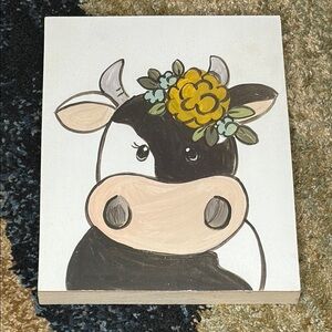 Whimsical Cow Art with Floral Accessory